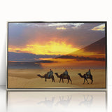 Mid-century modernist art depicting a Moroccan landscape in muted earth tones, framed in silver acrylic.