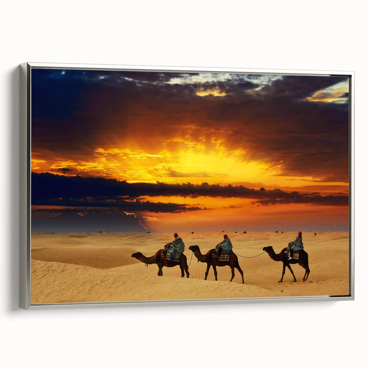 Framed canvas landscape art painting featuring a colorful Moroccan scene in vintage poster style.