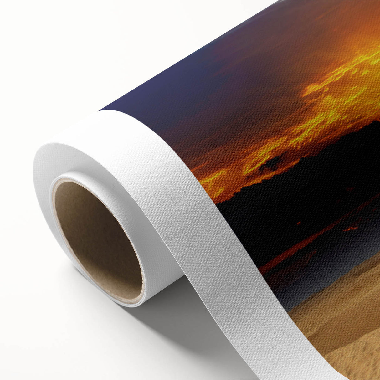 Art deco poster of a Moroccan landscape in muted earth tones on rolled canvas, suitable for dining room wall art.
