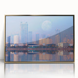 Large art print of an Indian landscape in gold and green tones, acrylic framed, mid-century modernist style.