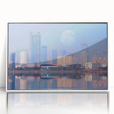 Art deco poster depicting a serene Indian landscape in muted earth tones, framed in white acrylic.