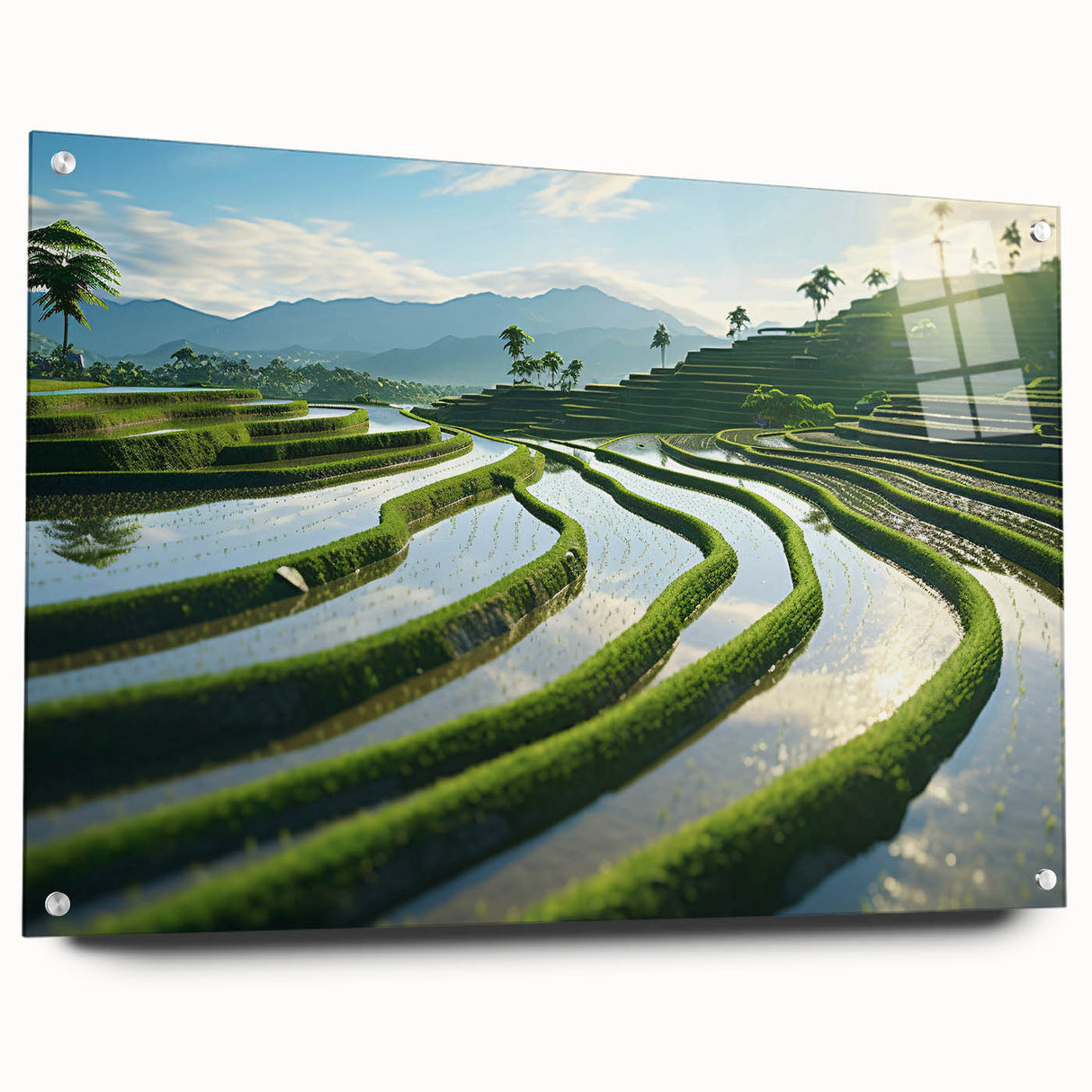 Large abstract wall art depicting a serene Philippine landscape in muted earth tones on acrylic glass.