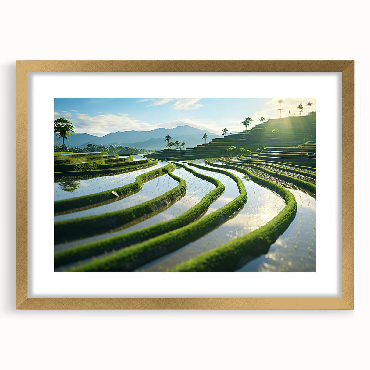 Extra large abstract art print of a textured Philippine landscape in muted earth tones, framed in gold.