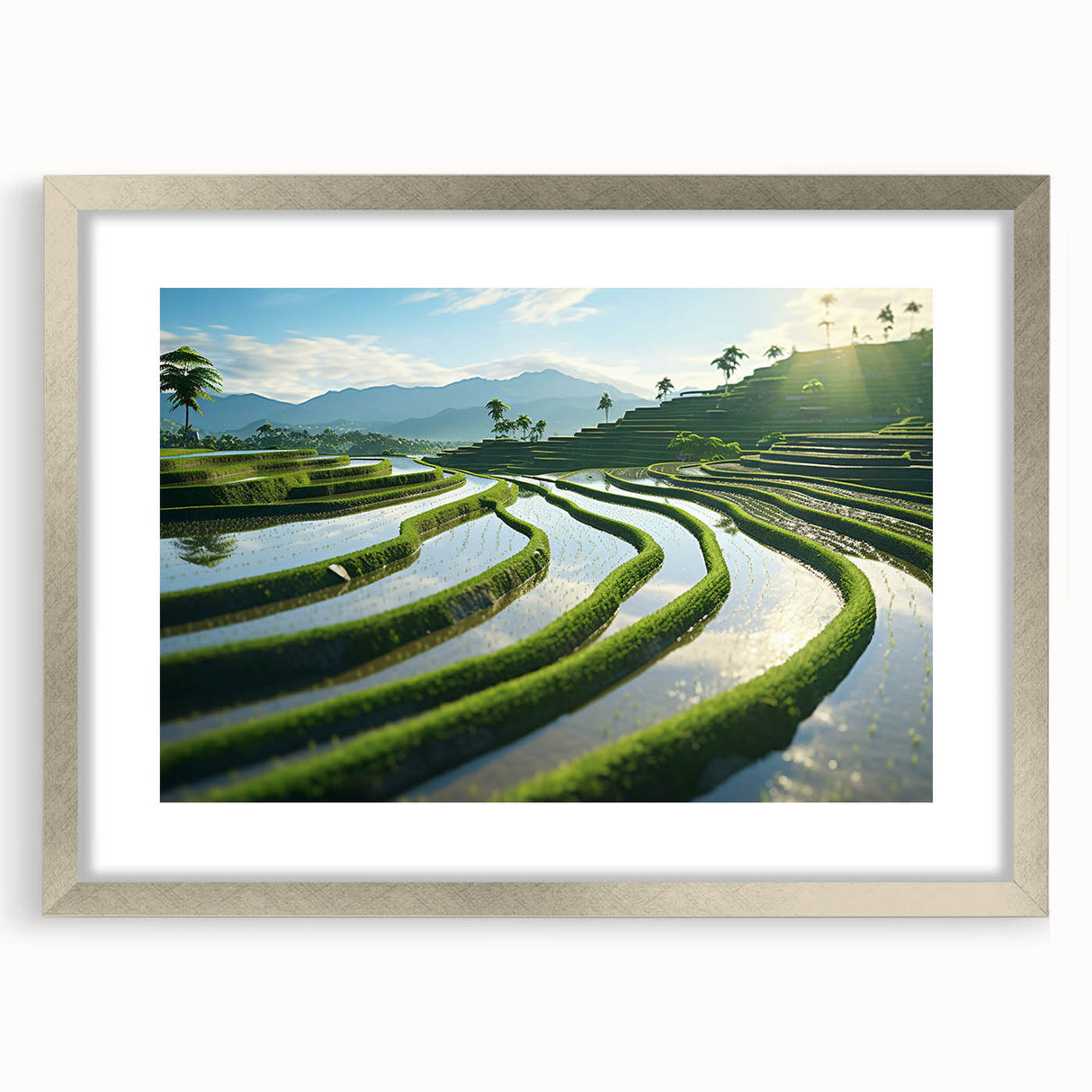 Textured art print of abstract scenery with muted earth tones on a framed silver mat, ideal for bedroom wall decor.