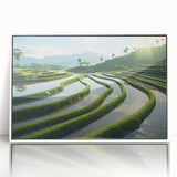 Acrylic print of a serene Philippine landscape in muted green and blue tones, framed in white.