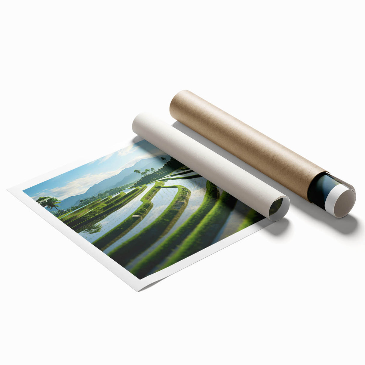 Extra large rolled print of a floral scene in vibrant greens and pinks.