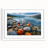 Abstract art print of Yukon scenery in muted earth tones, framed with a white mat, suitable for dining room decor.