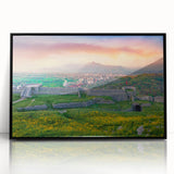 Large abstract wall art featuring a mid-century modernist design of European scenery in muted colors.