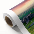 Art deco poster of an Albanian landscape on rolled canvas, with muted earth tones, ideal for nursery wall art.