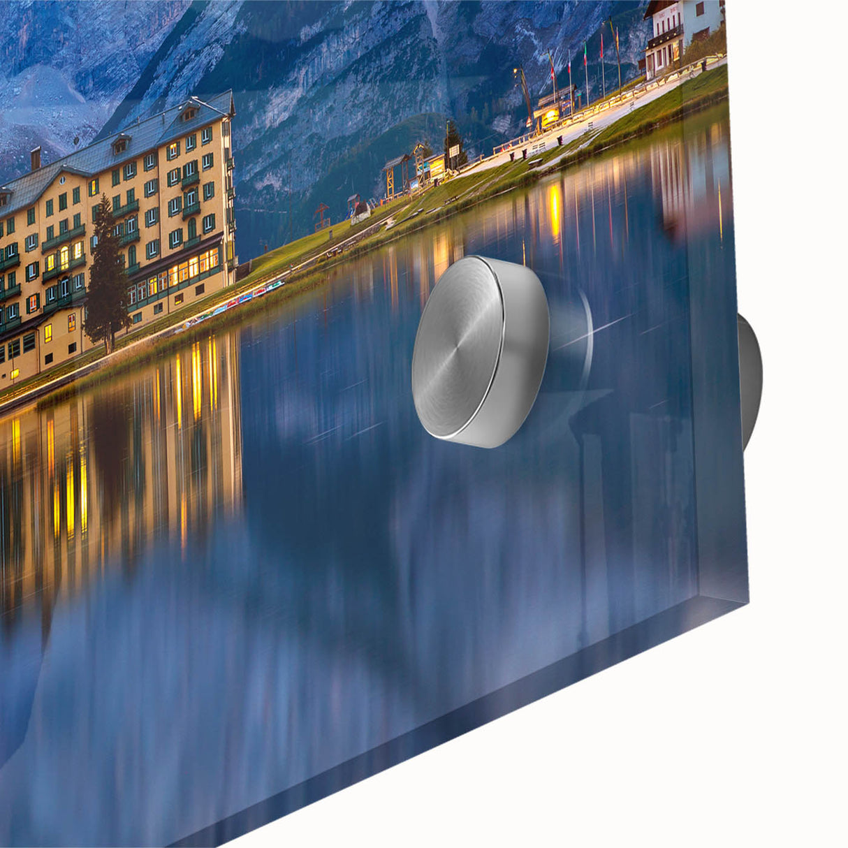 Large abstract wall art depicting a European scenery in muted colors on acrylic glass, suitable for dining room ambiance.