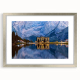 Extra large abstract art print featuring textured scenery of Austria in muted earth tones, framed in silver.