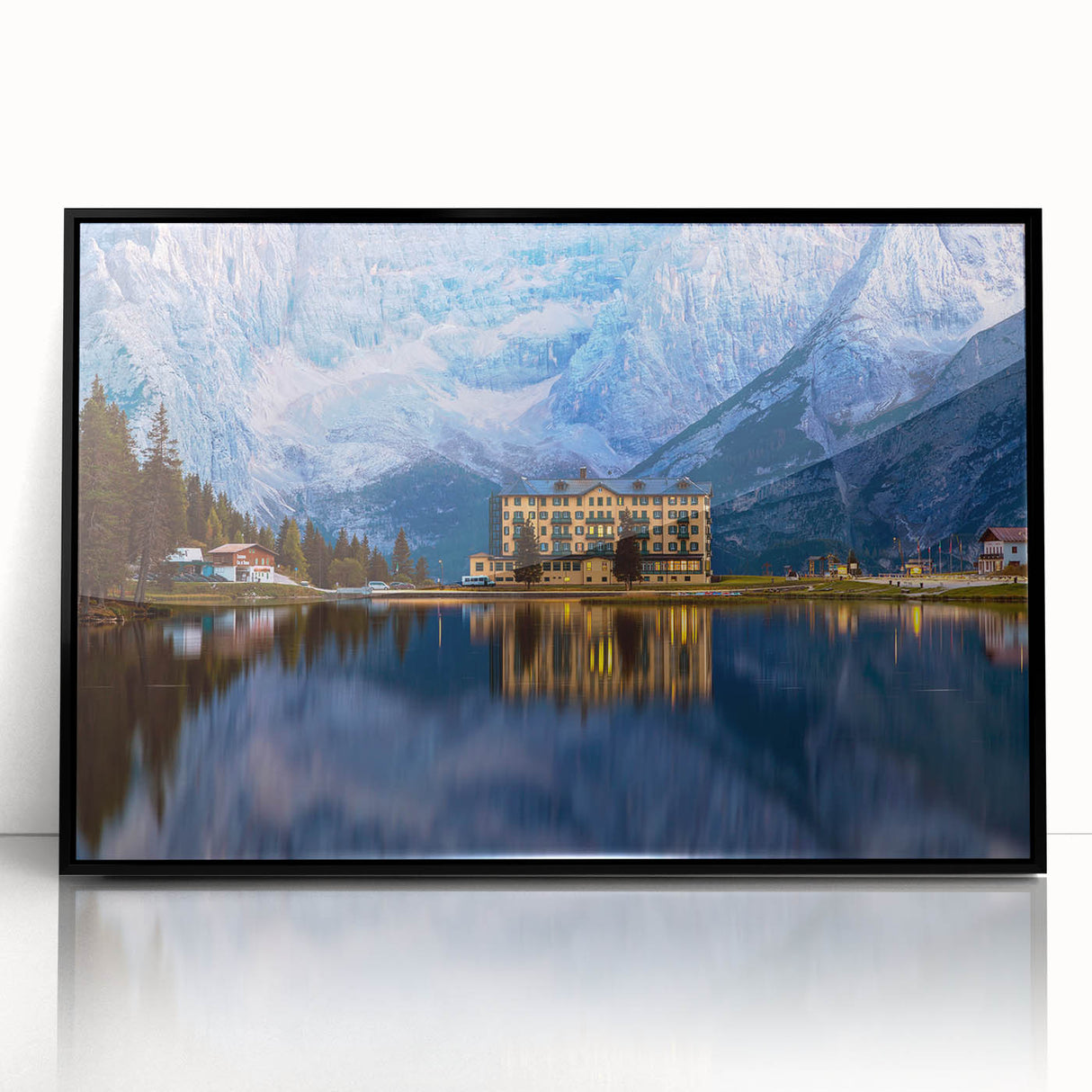 Large abstract wall art depicting a vibrant European landscape in acrylic, framed in black.