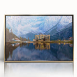 Art Deco style poster depicting a scenic European landscape in muted gold tones, acrylic framed.