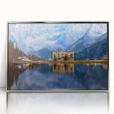 Large art print of a scenic Austrian landscape in muted green and blue tones, framed in silver acrylic.