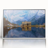 Mid-century modernist art depicting a serene Austrian landscape, in muted earth tones on a framed acrylic.