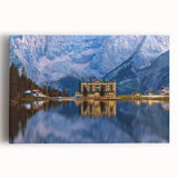 Black and white photograph of a serene Austrian landscape on stretched canvas, ideal for kitchen wall art.