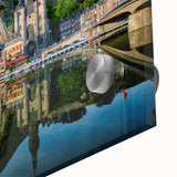 Mid-century modernist large abstract scene of a European cityscape in muted earth tones, acrylic print.