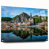 Acrylic glass print of a European scenery with muted earth tones, ideal for dining room decor.