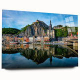 Large abstract wall art depicting a European cityscape in muted blue and gray tones on acrylic glass.