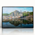 Large abstract wall art depicting a European scenery in black and white tones on a framed acrylic.