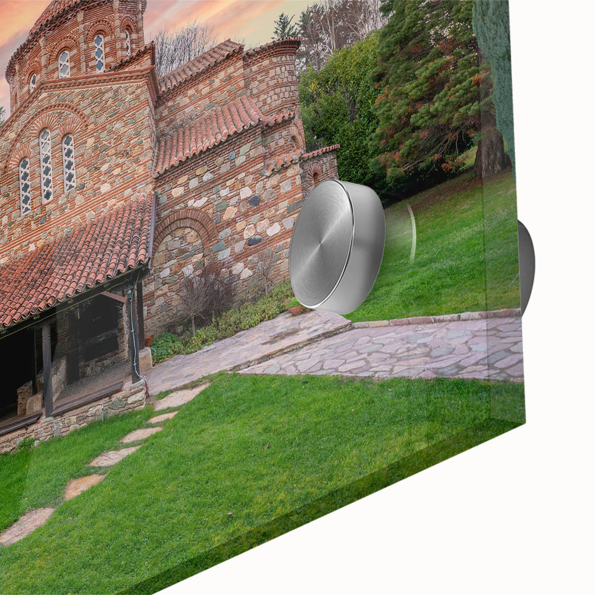 Large abstract wall art of a Bulgarian landscape in muted colors on acrylic glass, suitable for dining room ambiance.