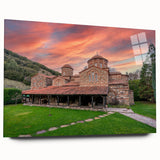 Large abstract wall art depicting a Bulgarian landscape in muted earth tones on acrylic glass.