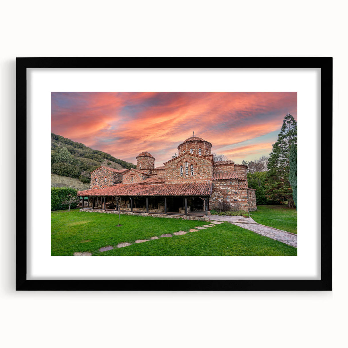 Extra large abstract art print depicting a vibrant, colorful European scenery on textured canvas, framed in black.