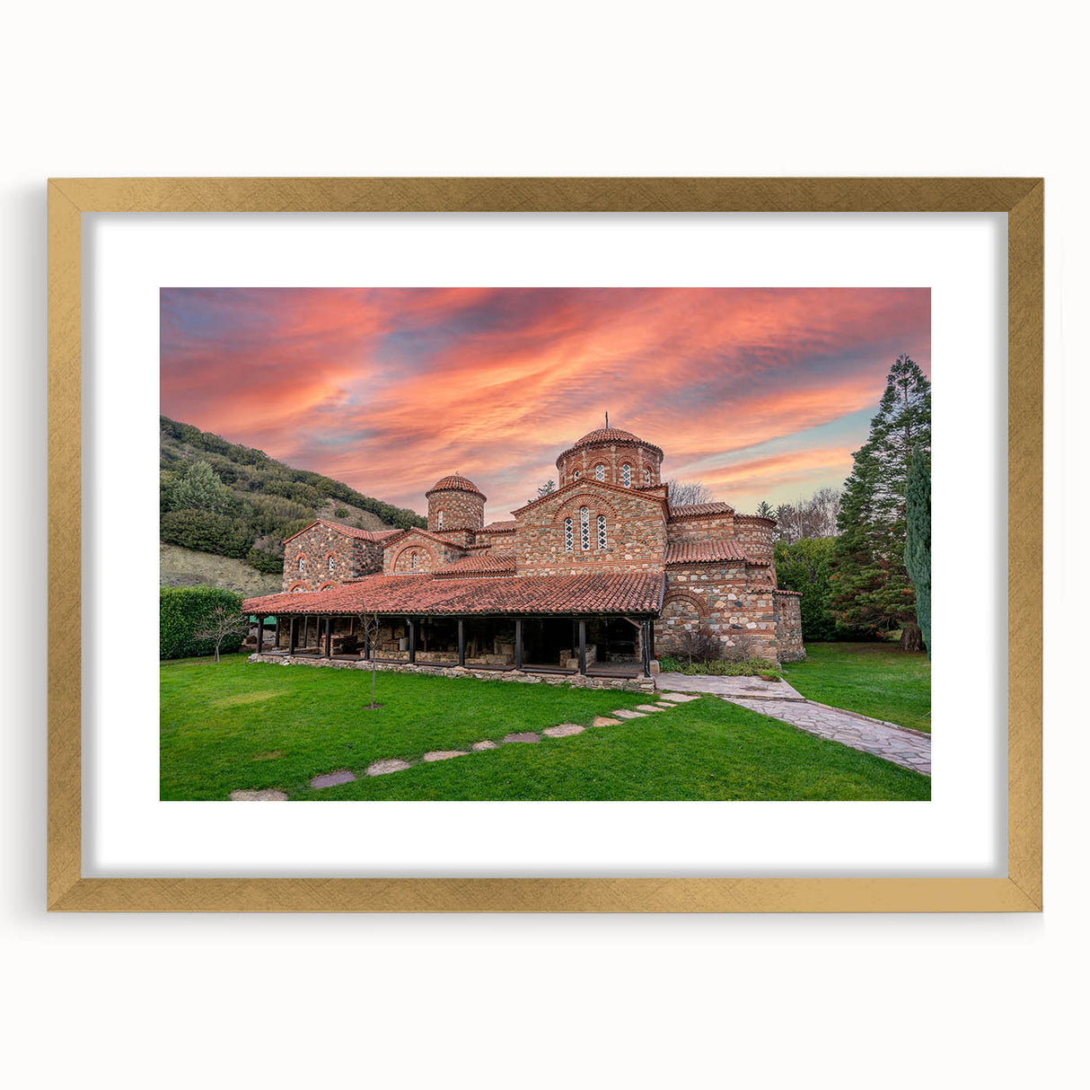 Abstract art print of a European scenery in muted gold tones on a framed mat, ideal for dining room decor.