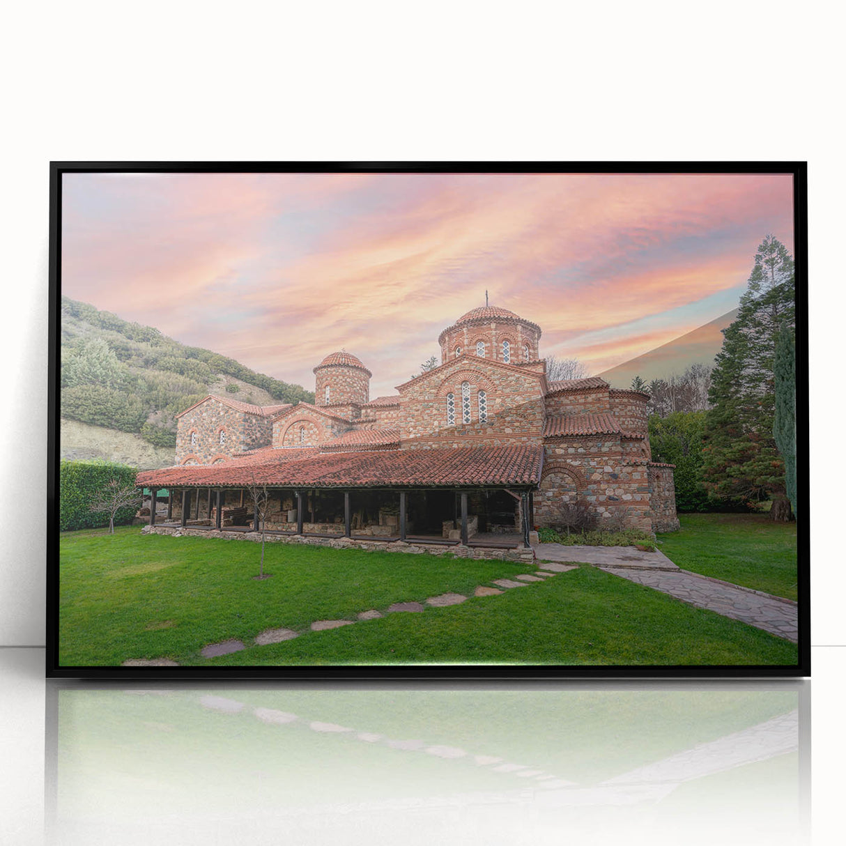 Large abstract wall art depicting a European Bulgarian scenery in muted gray and blue tones, framed in black acrylic.