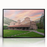 Large abstract wall art depicting a European Bulgarian scenery in muted gray and blue tones, framed in black acrylic.