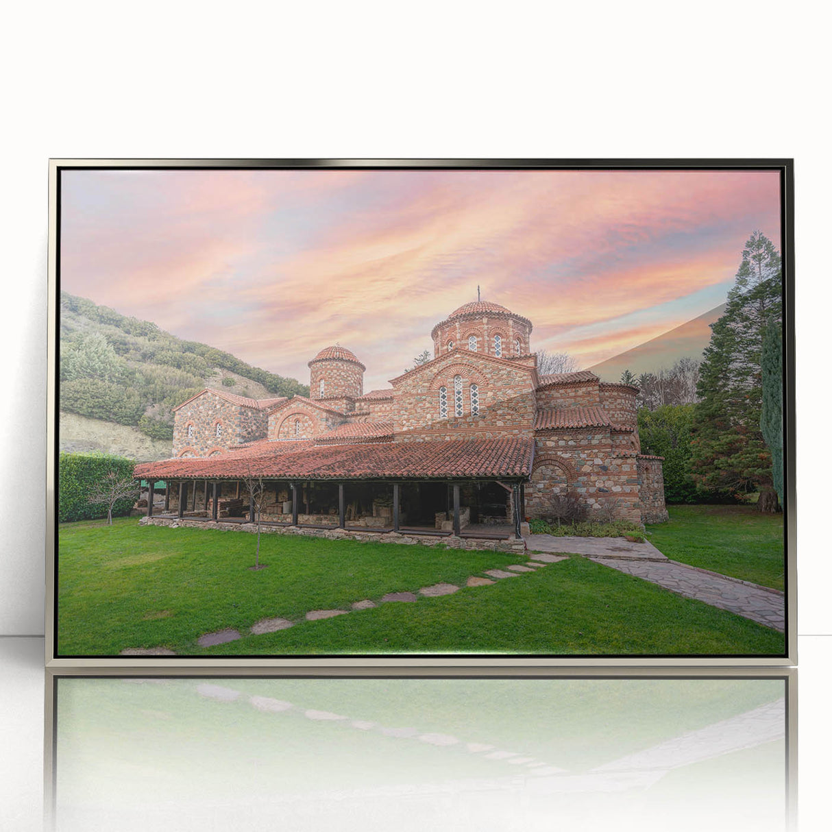 Large art print of a European Bulgarian scenery in muted earth tones, framed in silver acrylic.