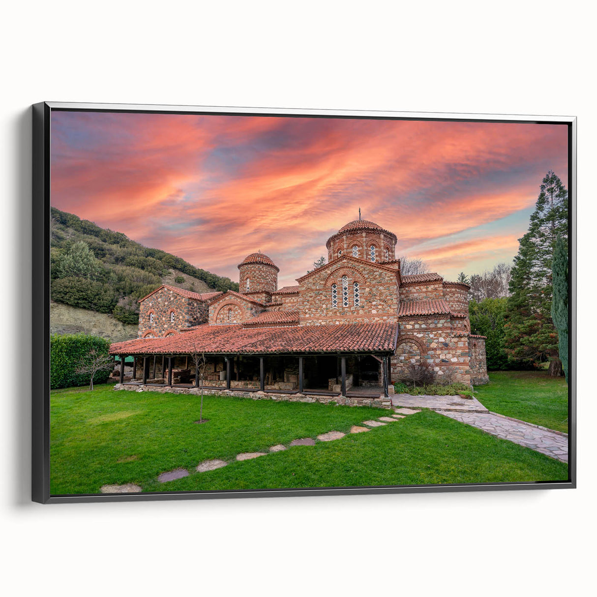 Black and white framed canvas of a Bulgarian landscape, featuring vintage poster art style, ideal for bedroom wall decor.