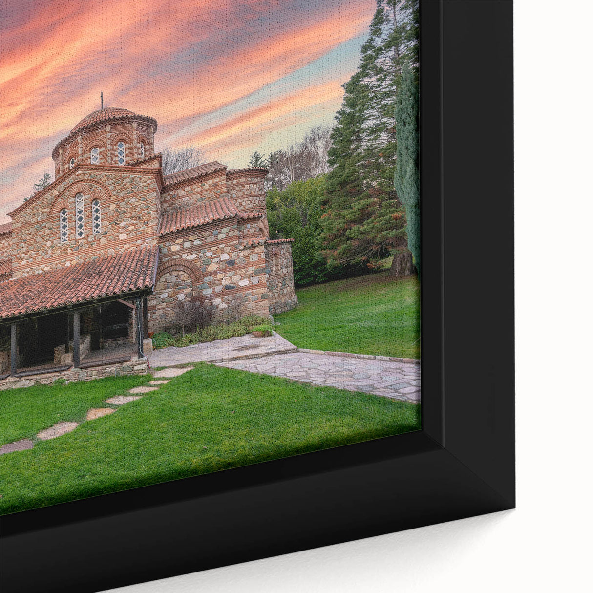 Extra large framed canvas featuring a textured, colorful European scenery in black, ideal for living room decor.