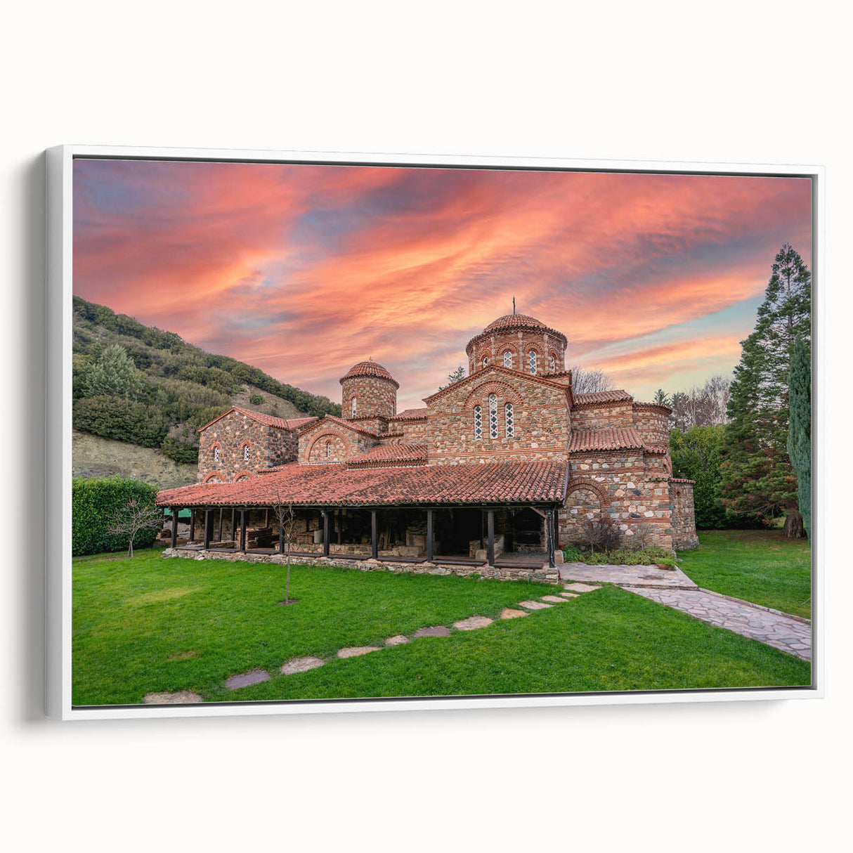 Vintage poster art of a Bulgarian landscape depicted in colorful hues on a framed canvas, suitable for living room decor.