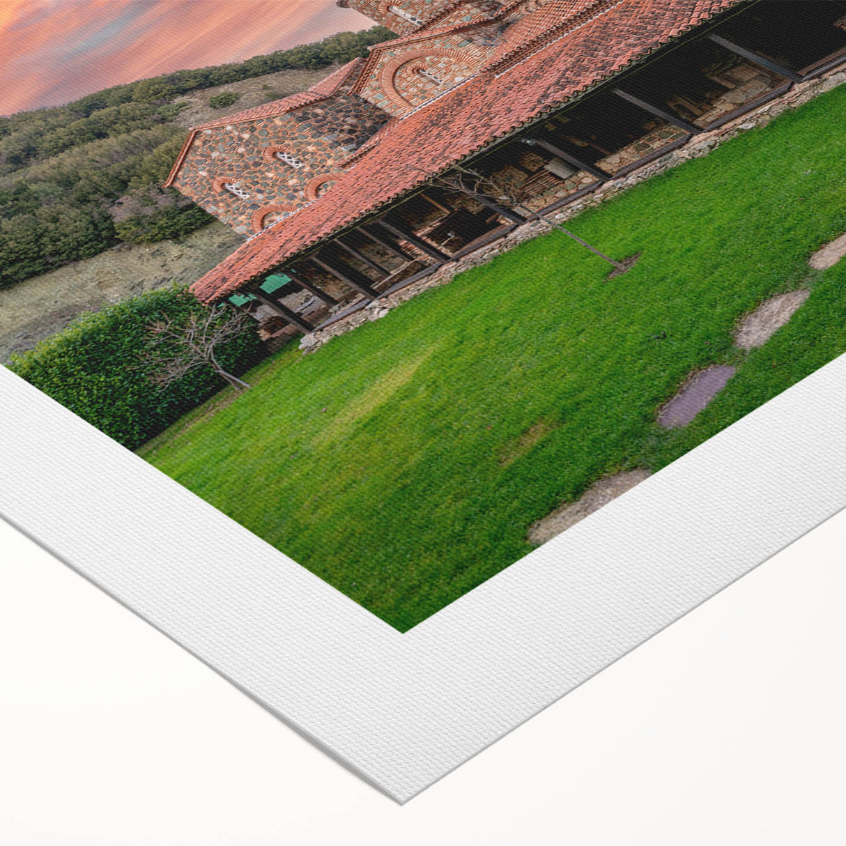 Art deco poster of a Bulgarian scenery in muted green and brown tones on rolled canvas, suitable for dining room decor.