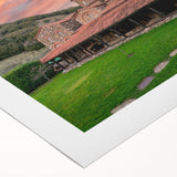 Art deco poster of a Bulgarian scenery in muted green and brown tones on rolled canvas, suitable for dining room decor.
