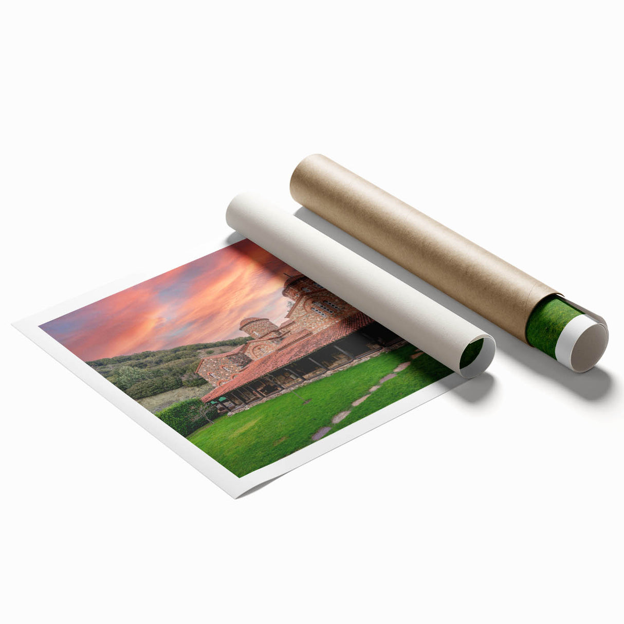 Extra large rolled print depicting a serene Bulgarian landscape with soft floral elements in muted earth tones.