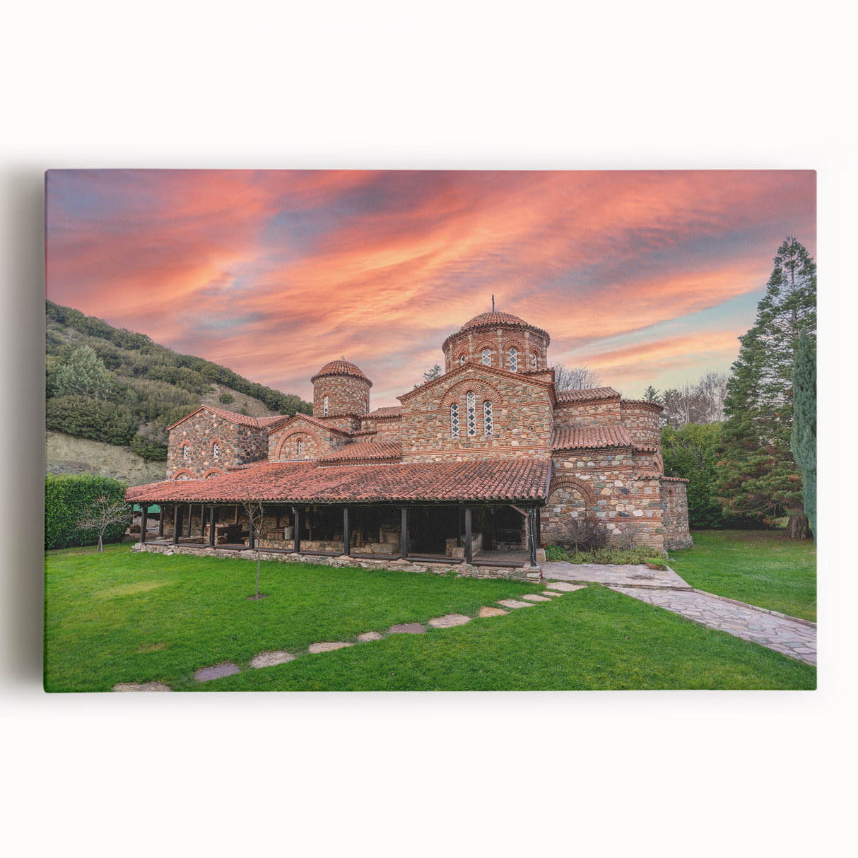Black and white stretched canvas featuring a detailed European Bulgarian landscape, ideal for kitchen wall art.