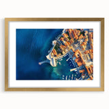 Abstract art print of a European Croatian landscape in muted earth tones, framed in gold, suitable for dining room decor.