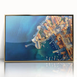 Art deco-style poster of a European scenery in Croatia, featuring gold and blue tones on a framed acrylic.