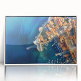 Mid-century modernist art depicting a Croatian landscape in muted earth tones, framed acrylic.