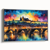 Landscape art painting of the Czech Republic on a framed canvas, featuring colorful art with a vintage poster style.