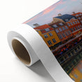 Art Deco style poster of European Denmark scenery on rolled canvas, featuring cool blue and gray tones.