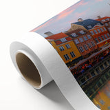 Art Deco style poster of European Denmark scenery on rolled canvas, featuring cool blue and gray tones.