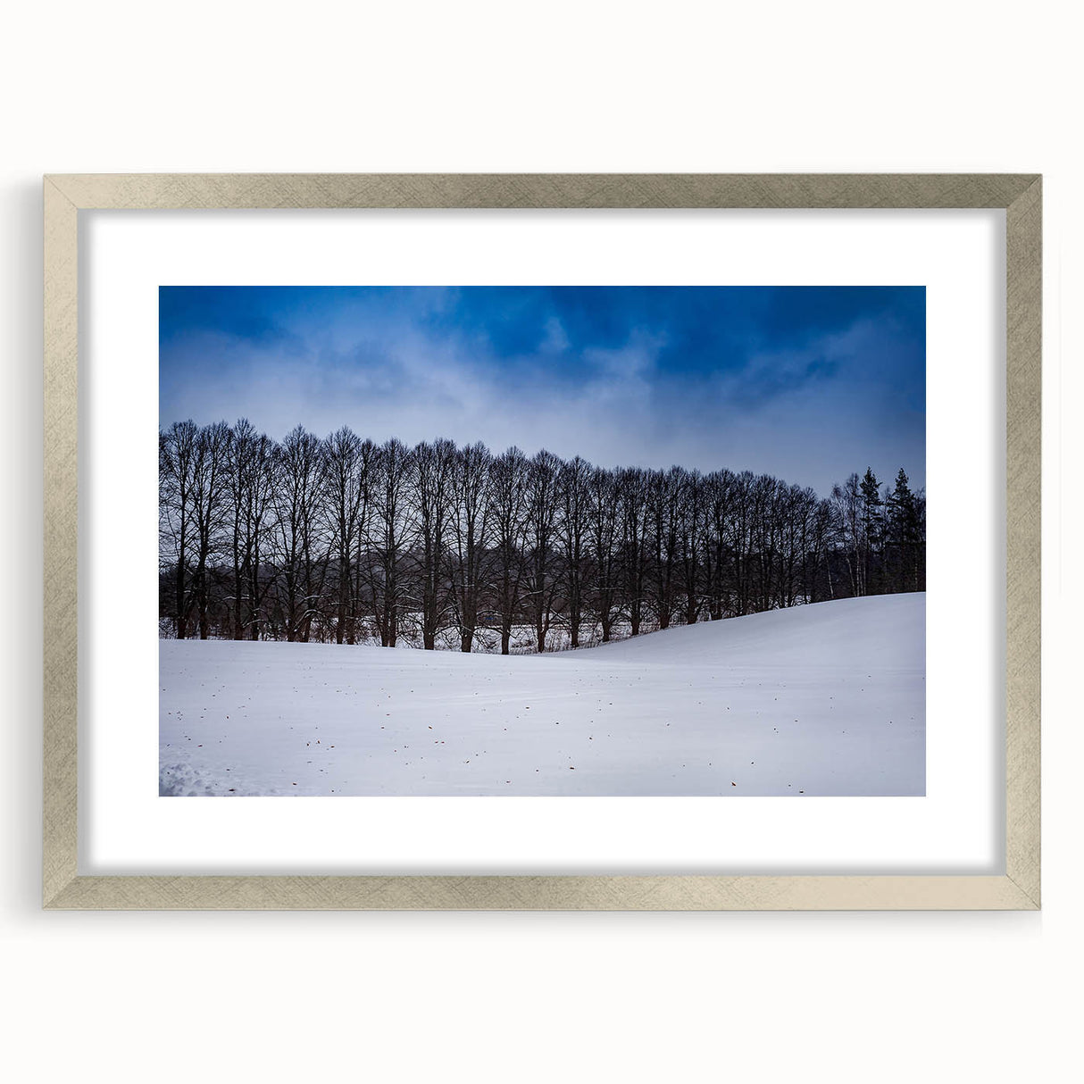 Extra large abstract art print of a European scenery in muted earth tones, framed in silver, suitable for living room decor.