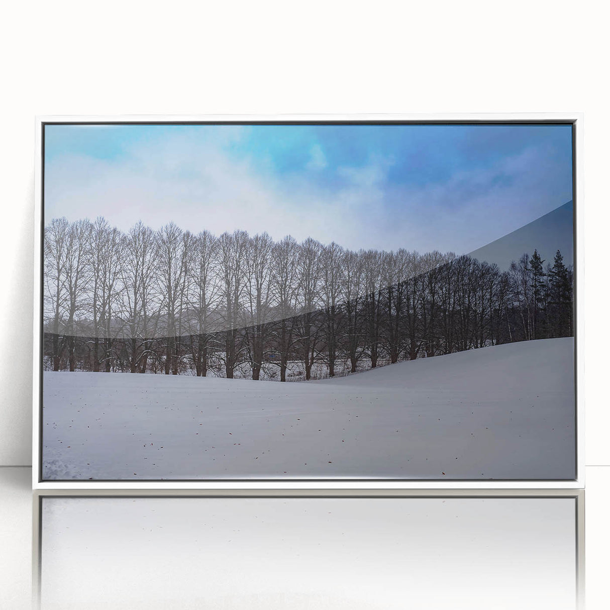 Mid-century modernist art depicting a serene European Estonian landscape on a framed acrylic print.