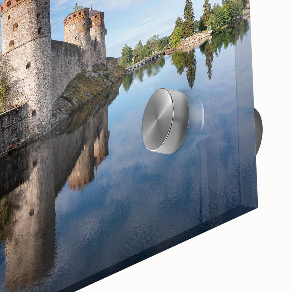 Large abstract wall art depicting a Finnish landscape in mid-century modernist style on acrylic glass.