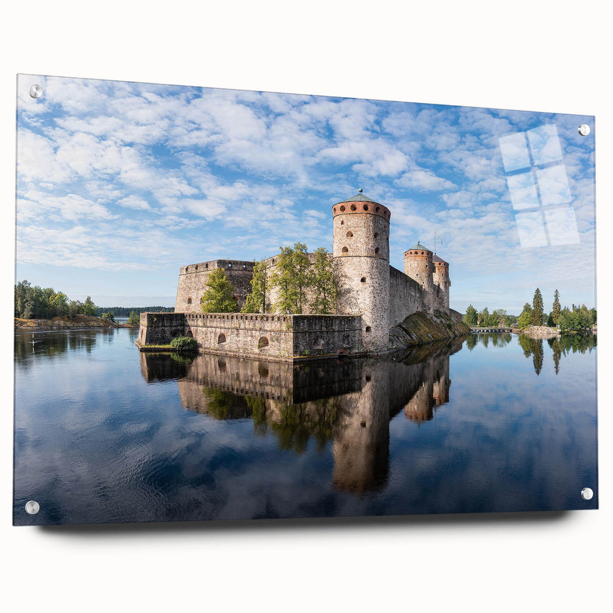 Acrylic print of a serene Finnish landscape in muted blue and green tones, ideal for dining room decor.