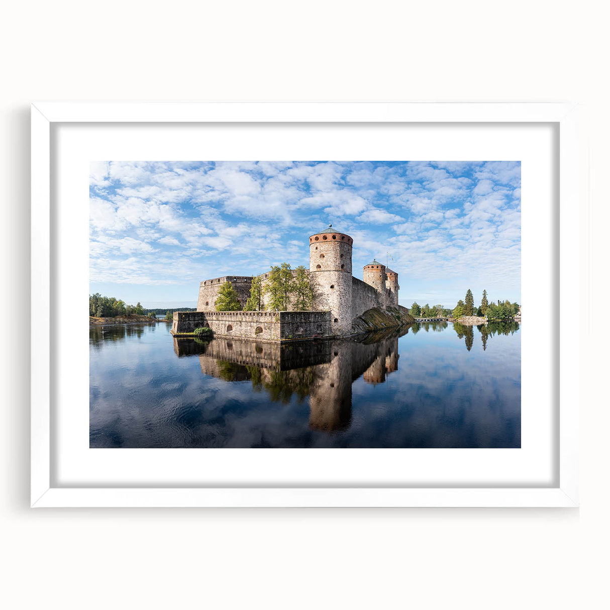 Textured abstract art print depicting a serene Finnish landscape in muted blues and greens, framed with a white mat.