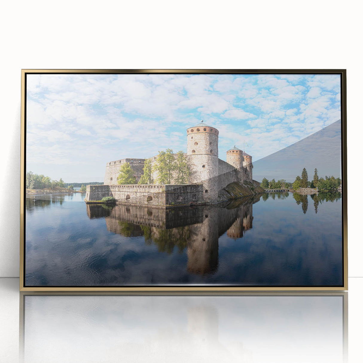 Art deco poster of a scenic Finland landscape in gold acrylic frame, suitable for nursery wall art.